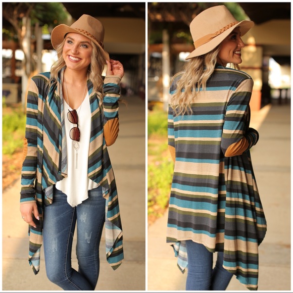 Infinity Raine Sweaters - Striped Waterfall Cardigan with Vegan Suede Elbow